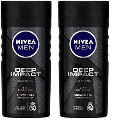 NIVEA Men Body Wash, Deep Impact Deodorant, 3 In 1 Shower Gel For Body, Face & Hair, With Microfine Clay, 250ml (Pack of 2)